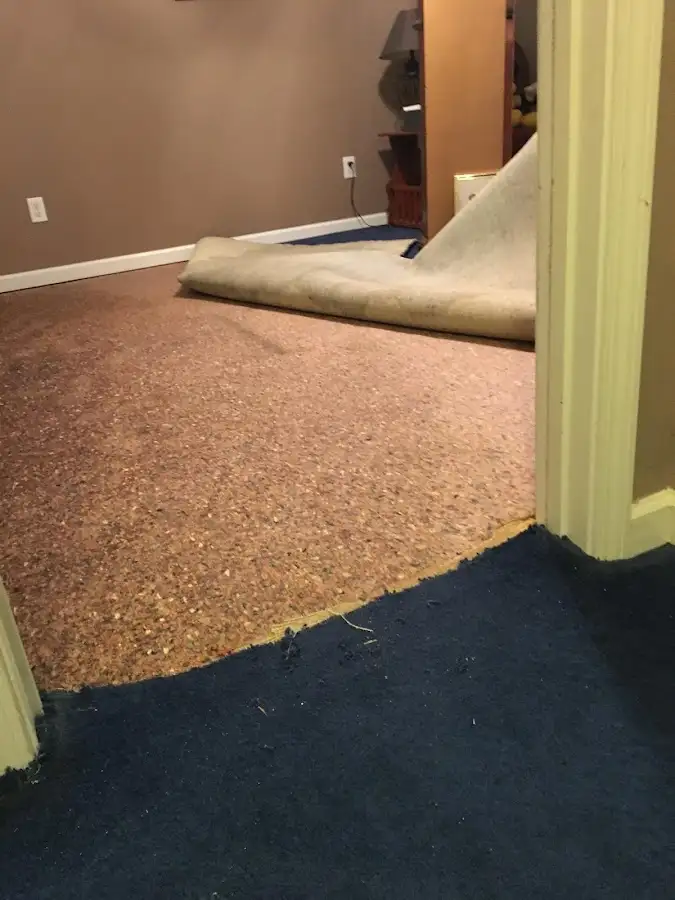 Carpet pad removal revealing water damage during Water Mitigation Services in Fullerton